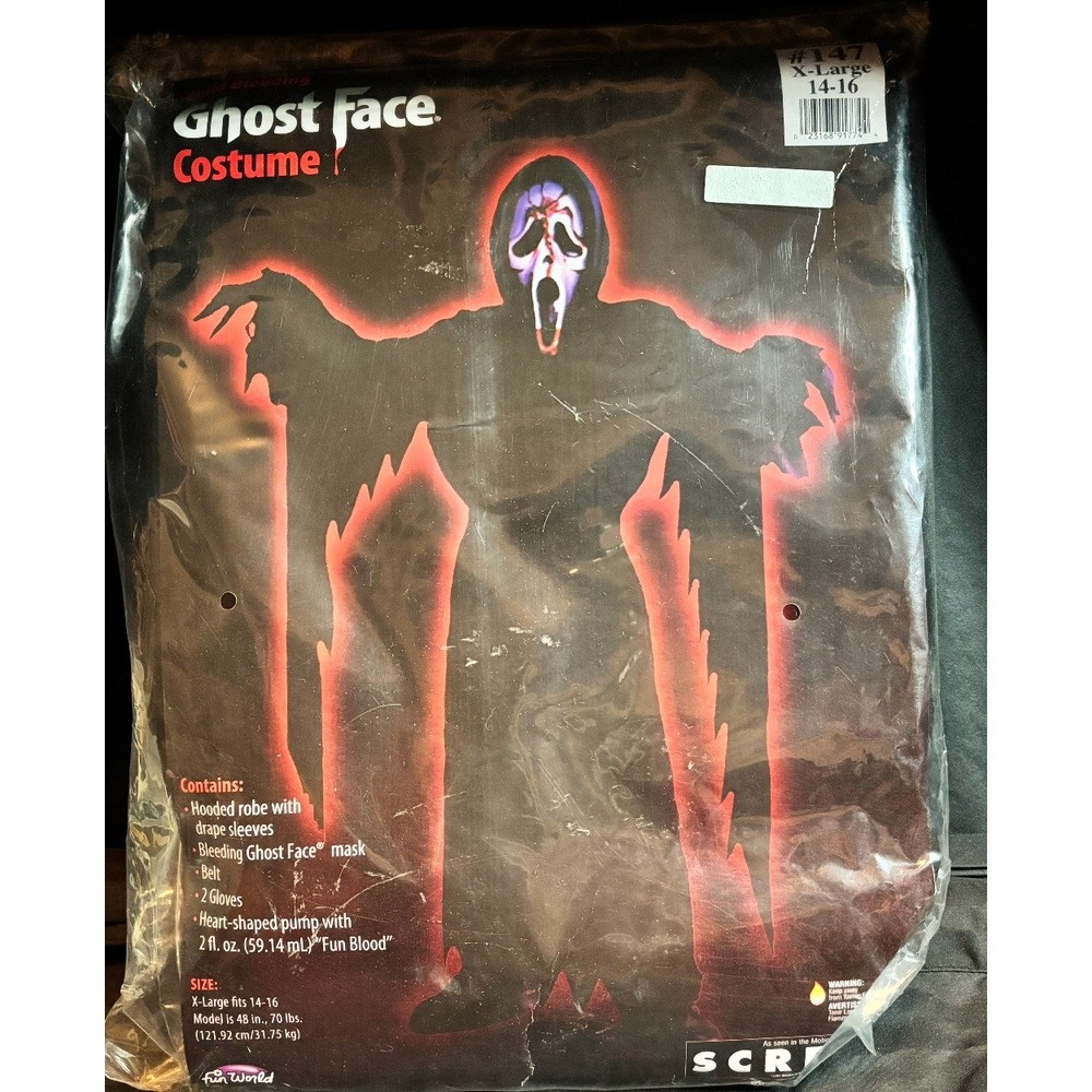 Ghost Face Bleeding Costume Scream Fun World Kids Size XL 14-16 Halloween Mask